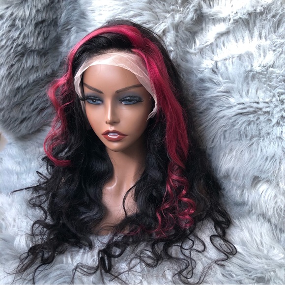 Sold ❗️ 100% Human Hair Lace Front Wig • Body Wave 28” Black w/ Hot Pink Stripe - Picture 9 of 15